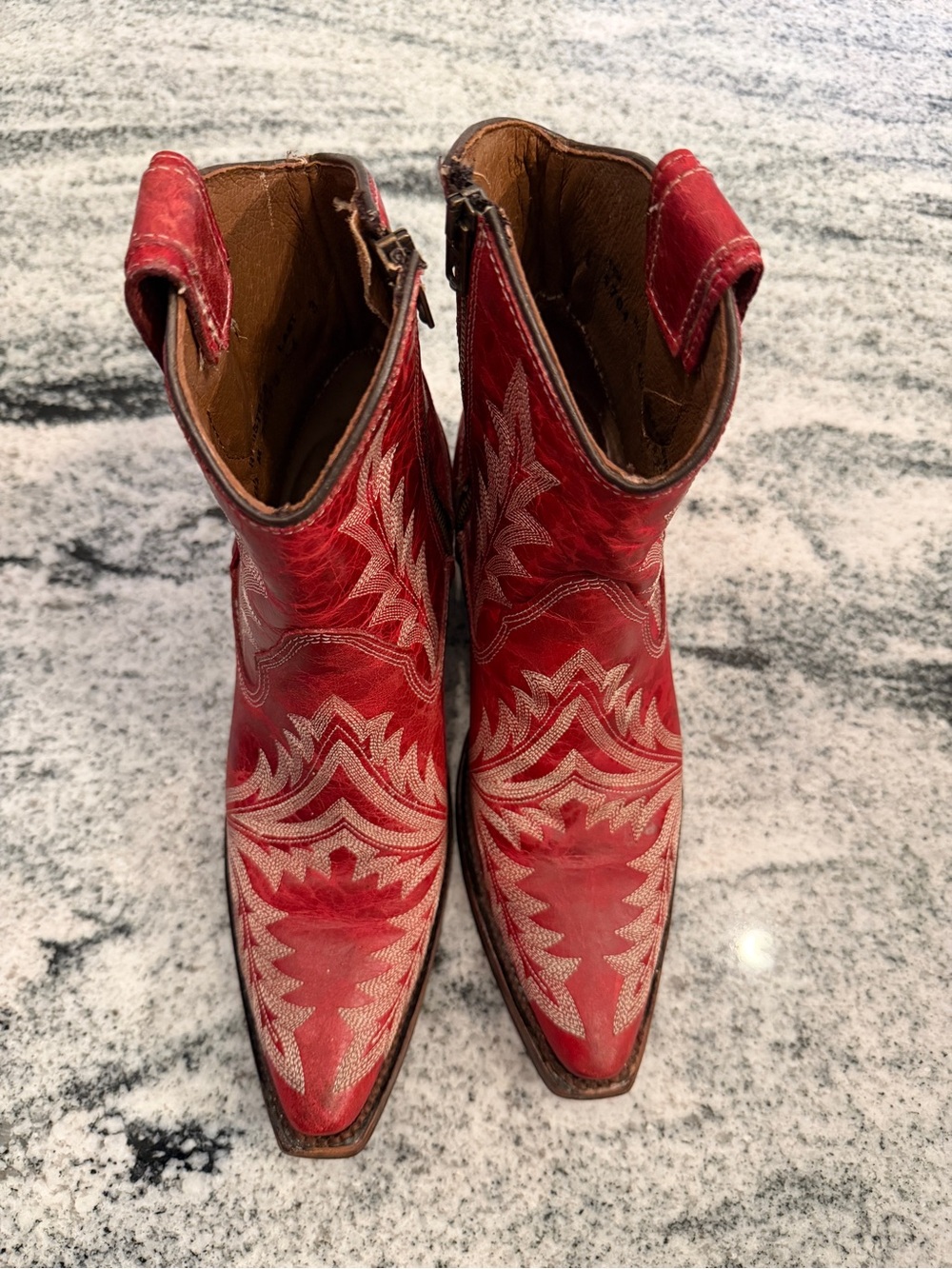 Red Leather Western Ankle Booties with Embroidered Detail - Picture 2 of 12